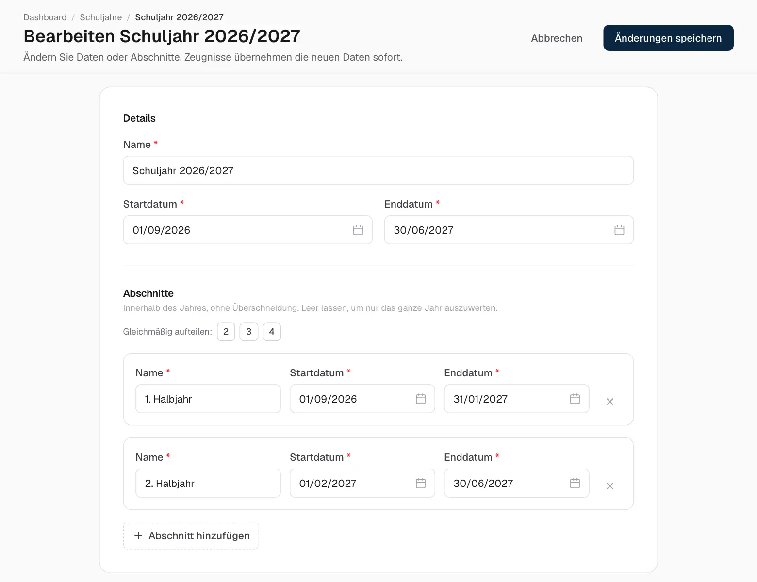 Ein Schuljahr mit zwei Halbjahren.