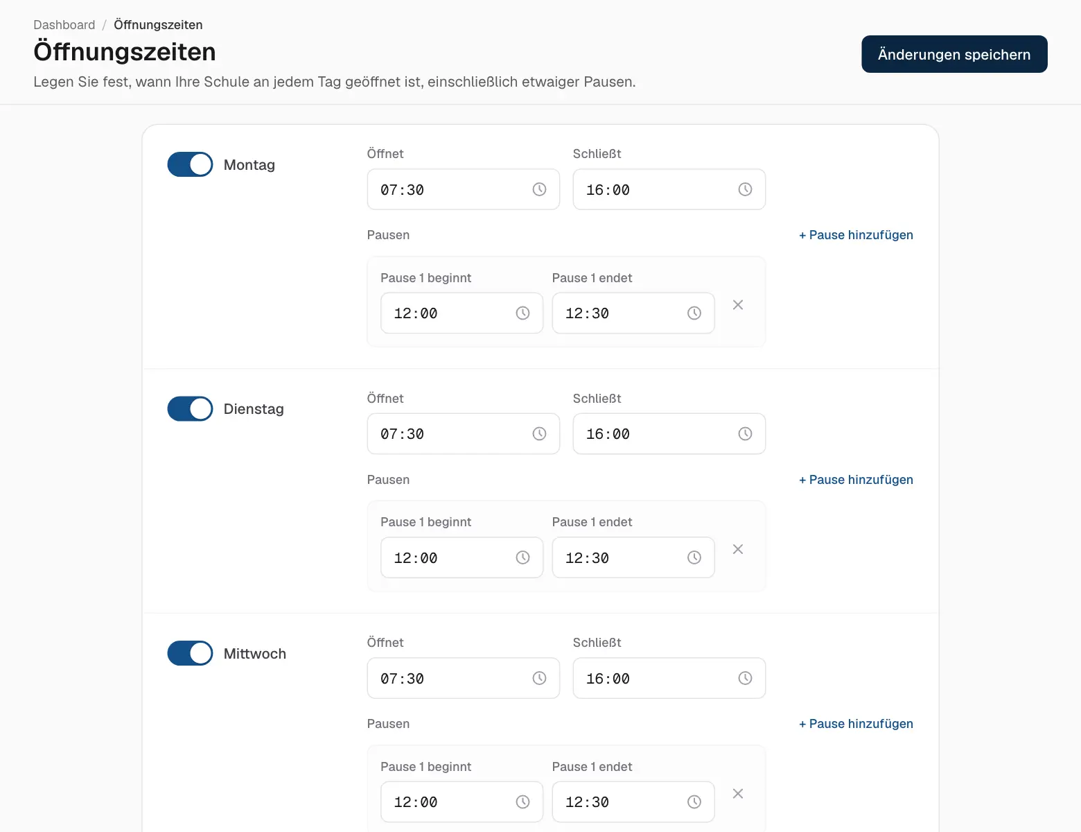 Öffnungszeiten und Pausen.