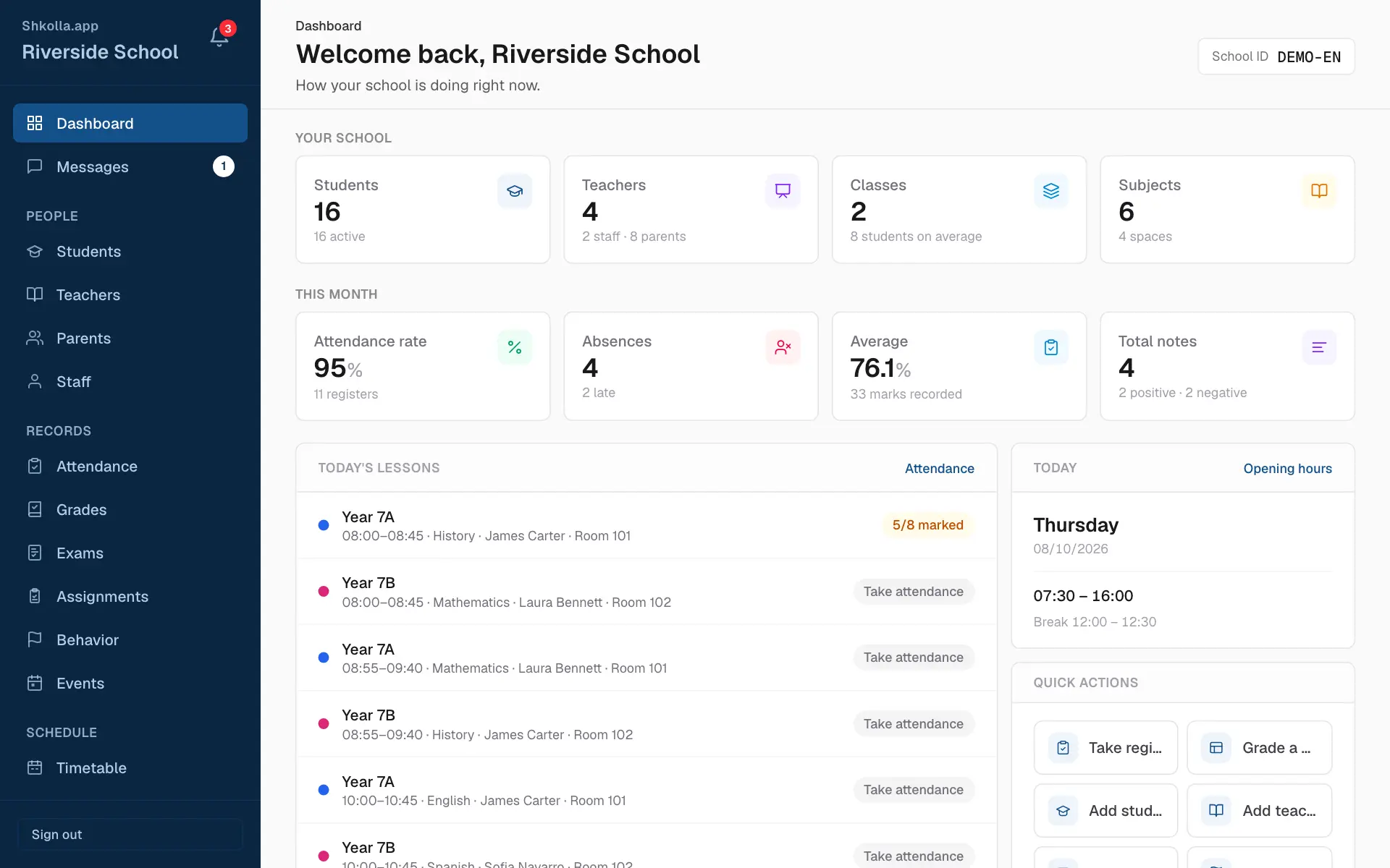 The school dashboard, with the sidebar on the left.