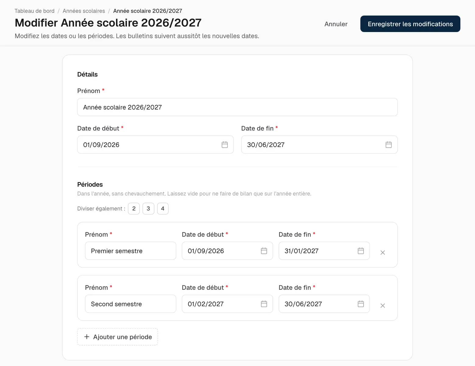 Une année scolaire en deux semestres.