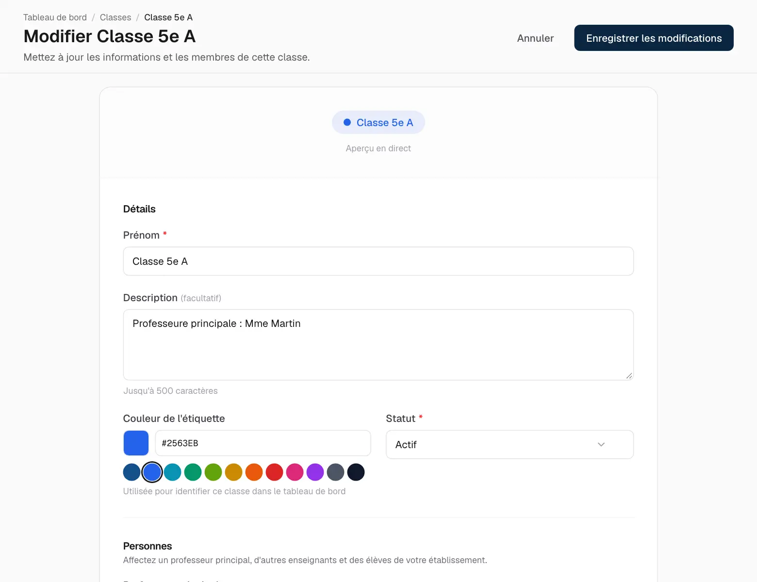 Les enseignants, les élèves et les matières d’une classe.