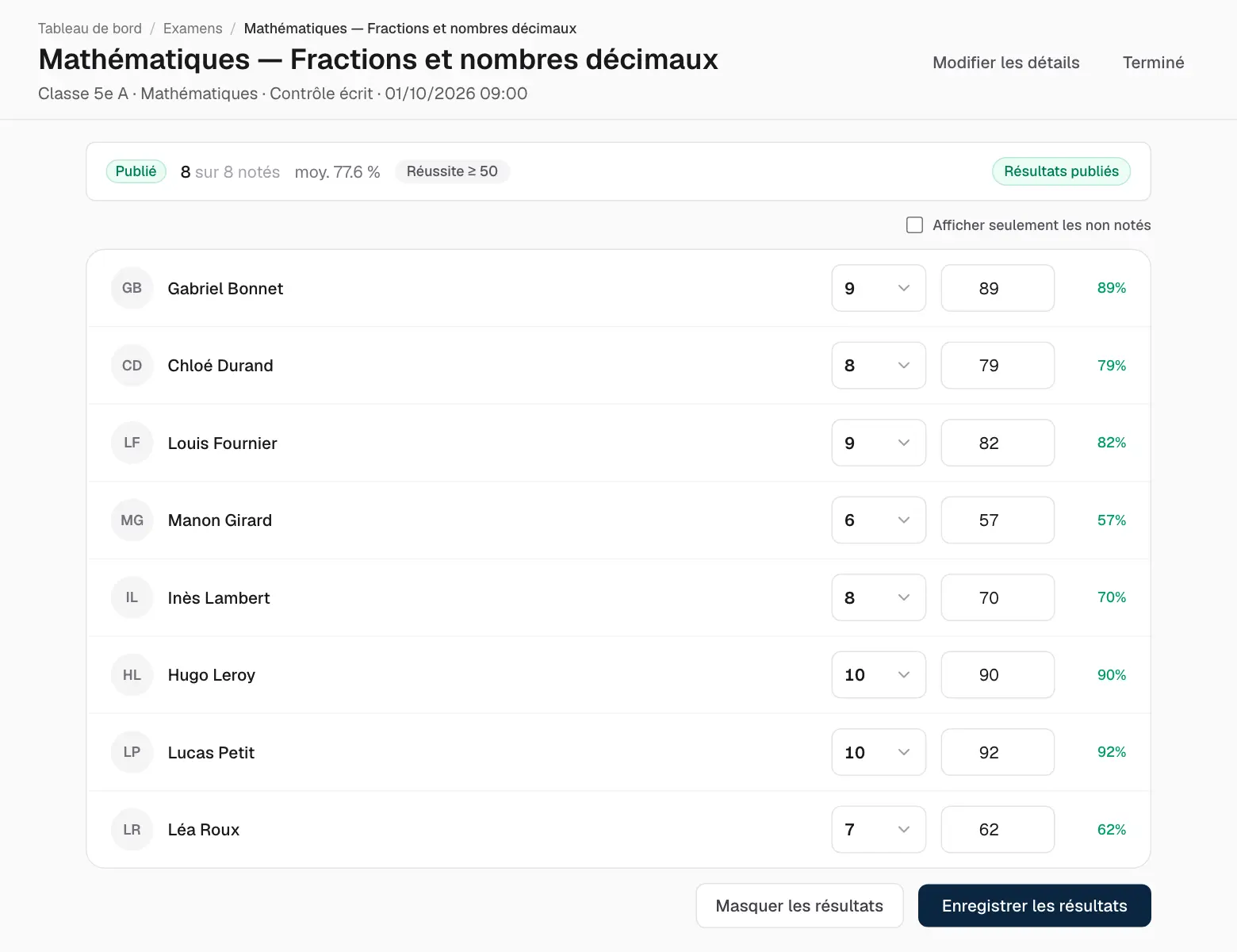 Des résultats publiés pour les élèves et les parents.