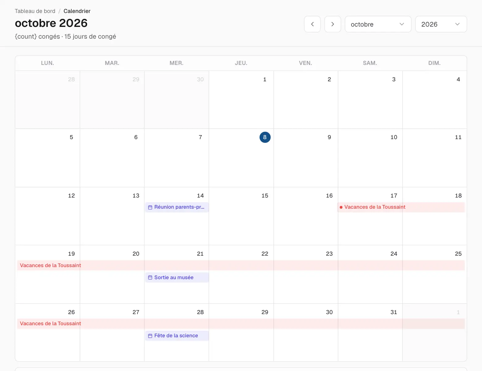 Le calendrier du mois.