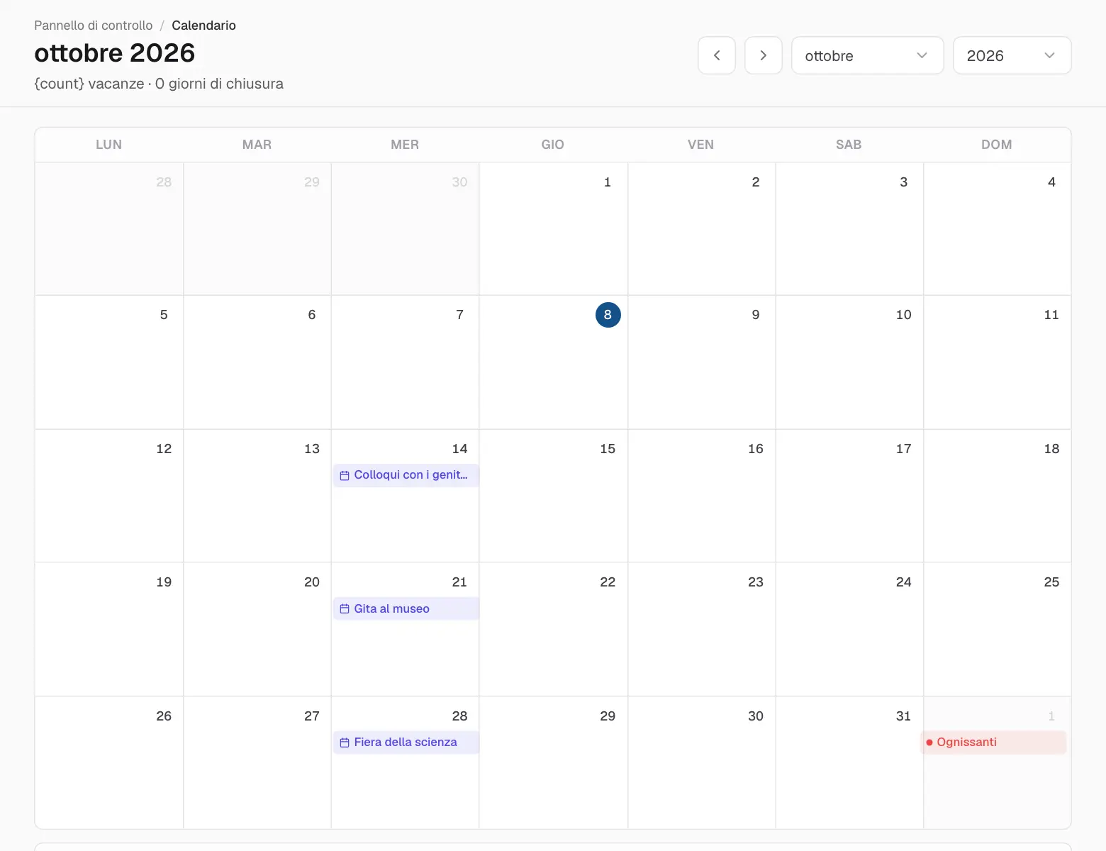 Il calendario del mese.