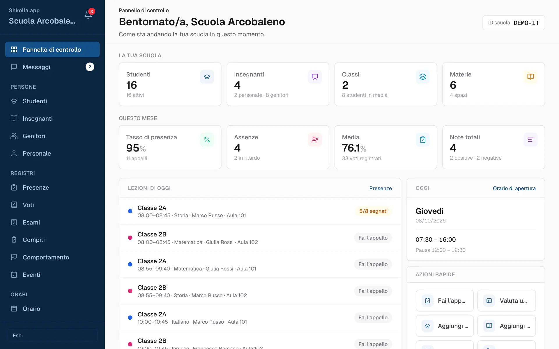 Il pannello della scuola, con la barra laterale a sinistra.